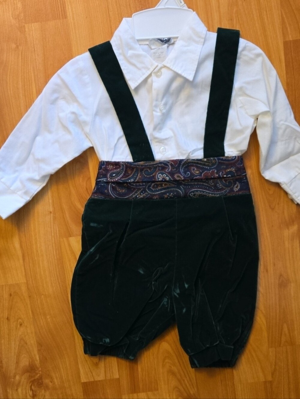 Vintage Boysland Dark Green 2pc Velvet Suspenders Outfit White Shirt 18 months